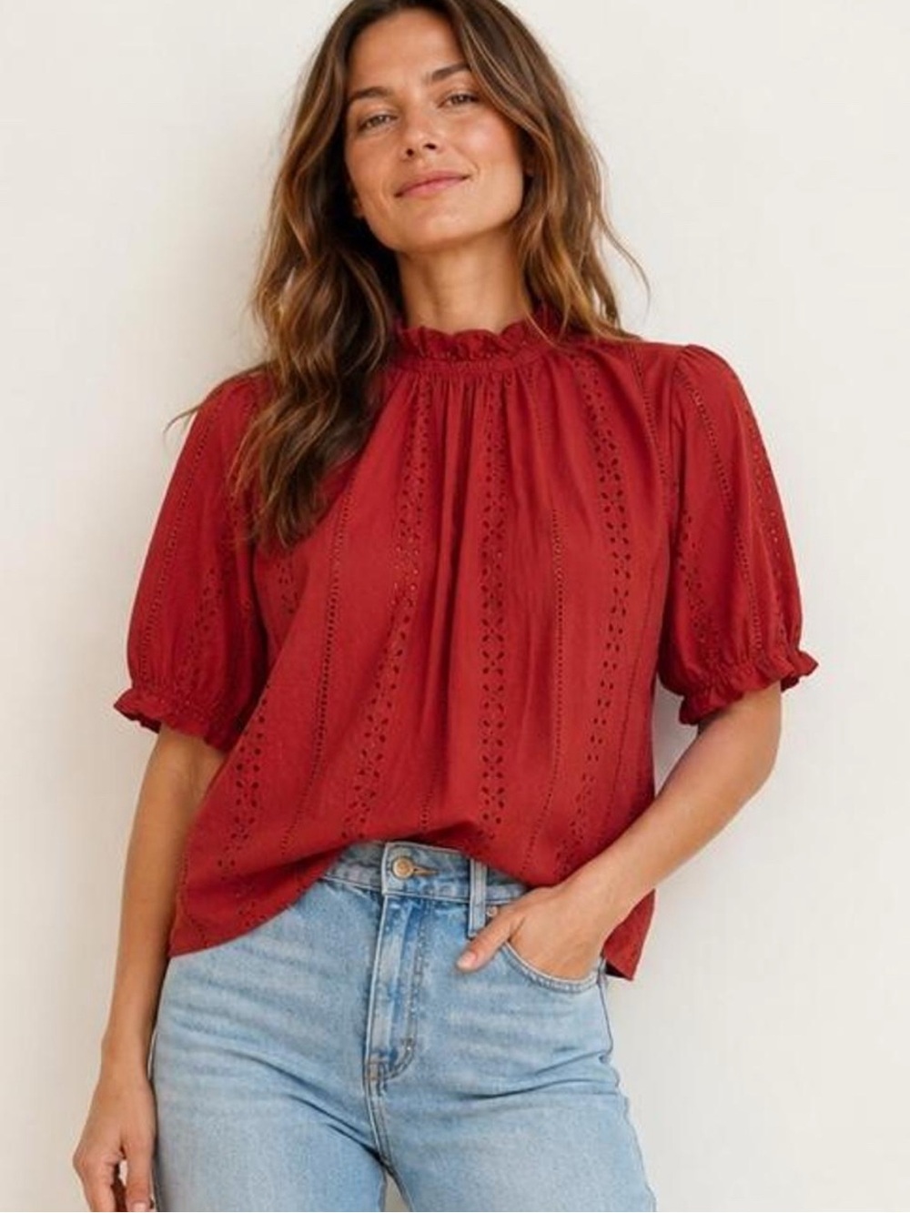 Universal Thread Eyelet Mock Neck Puff Sleeve Top in Rust Red